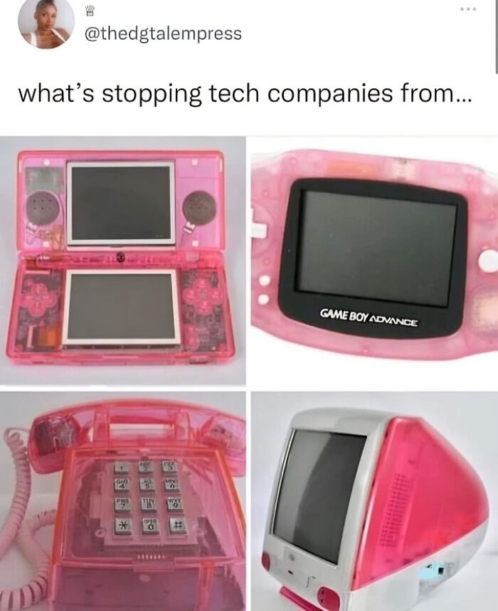 Retro pink gadgets: Game Boy Advance, transparent phone, compact Mac, evoking old-internet feels.