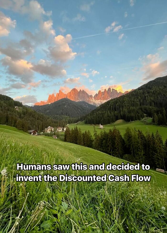 Mountain landscape with humorous investment meme about Discounted Cash Flow.