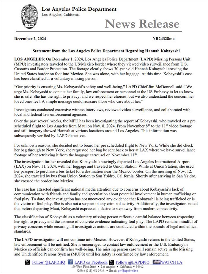 Hannah Kobayashi Declared Voluntarily Missing After Footage Of Her Crossing Into Mexico Is Found