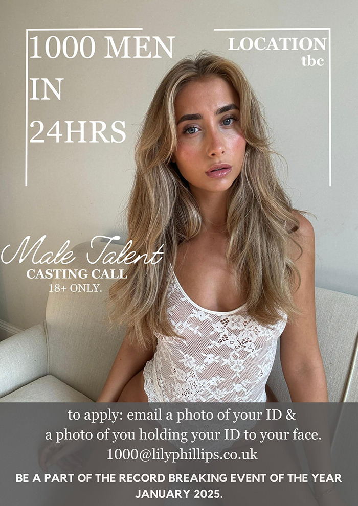 Model Lily Phillips in white lace top with long hair, casting call details for male talent on image. Model Lily Phillips in white lace top with long hair, casting call details for male talent on image.