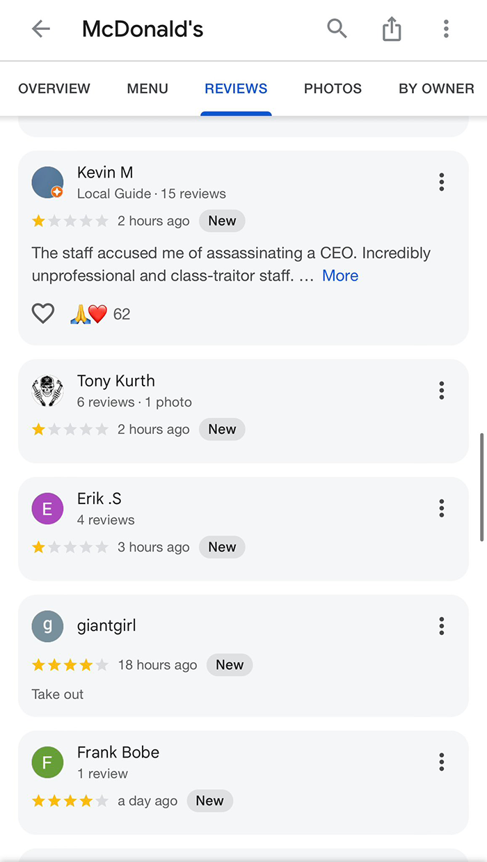 McDonald&rsquo;s reviews with 1-star ratings following Luigi Mangione&rsquo;s arrest.