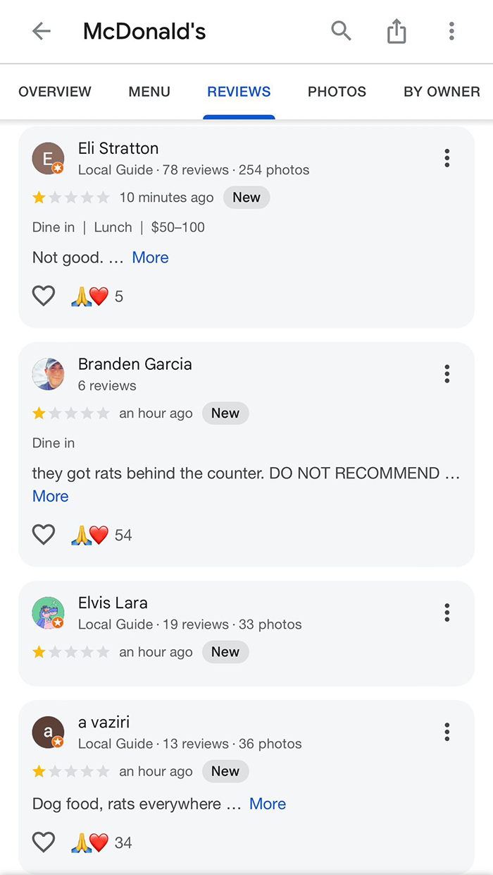McDonald&rsquo;s reviews show 1-star ratings with complaints about rats.