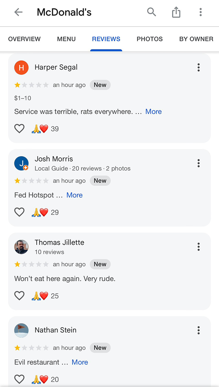 McDonald&rsquo;s 1-star reviews citing poor service and cleanliness issues.