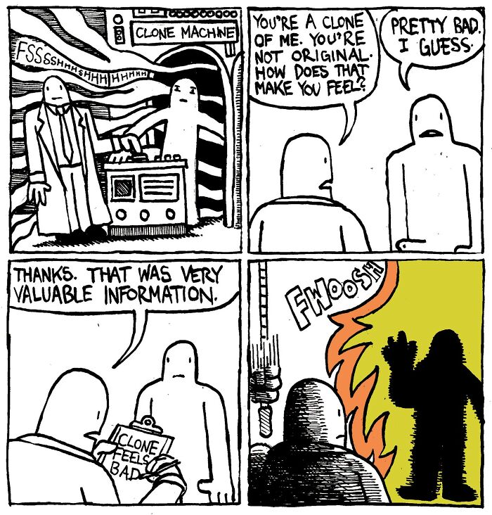 Comic panel by Alex Hood: a clone machine, identity crisis discussion, and humorous consequences unfold.