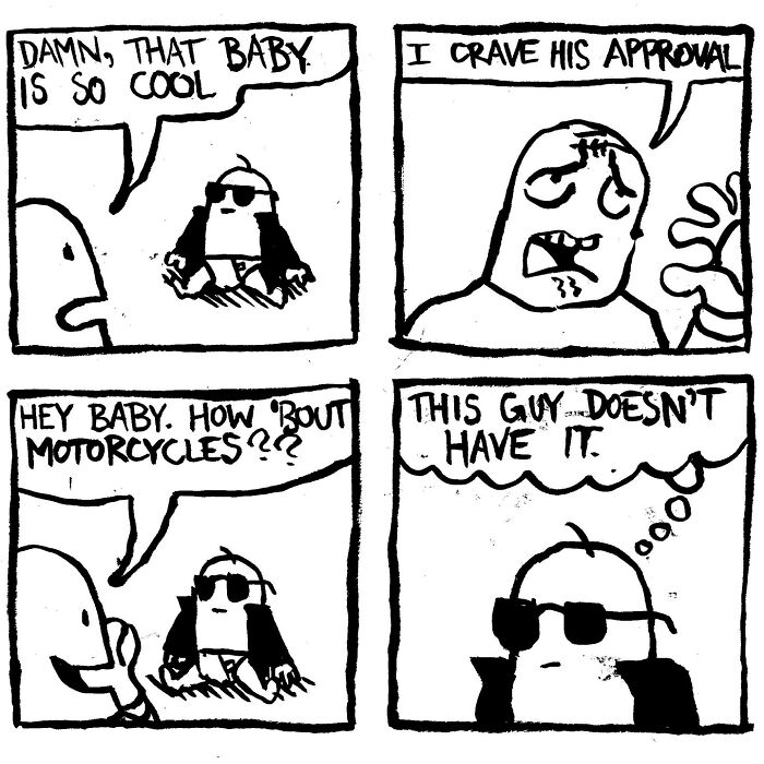 Comic strip by Alex Hood featuring characters discussing coolness and approval with humorous dialogue.