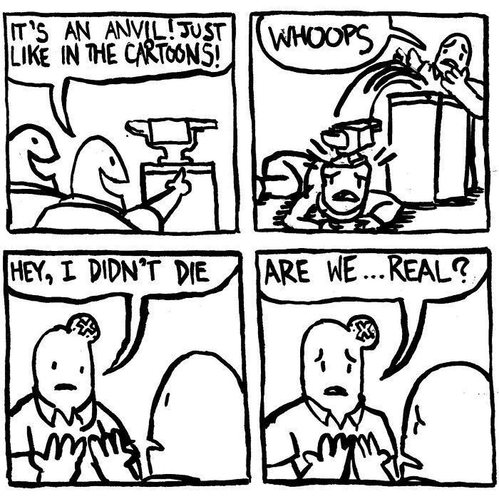 Comic by Alex Hood showing characters humorously questioning reality after an anvil incident.