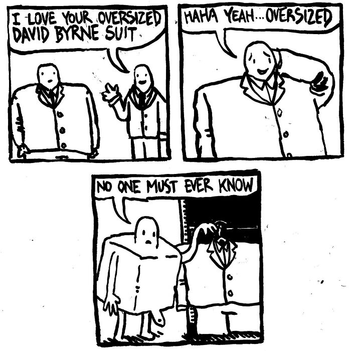 Comic strip by Alex Hood featuring oversized suit with humorous twist.