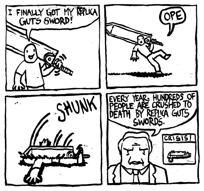 Comic strip by Alex Hood showing a character crushed by a replica sword, humorously highlighting a common mishap.