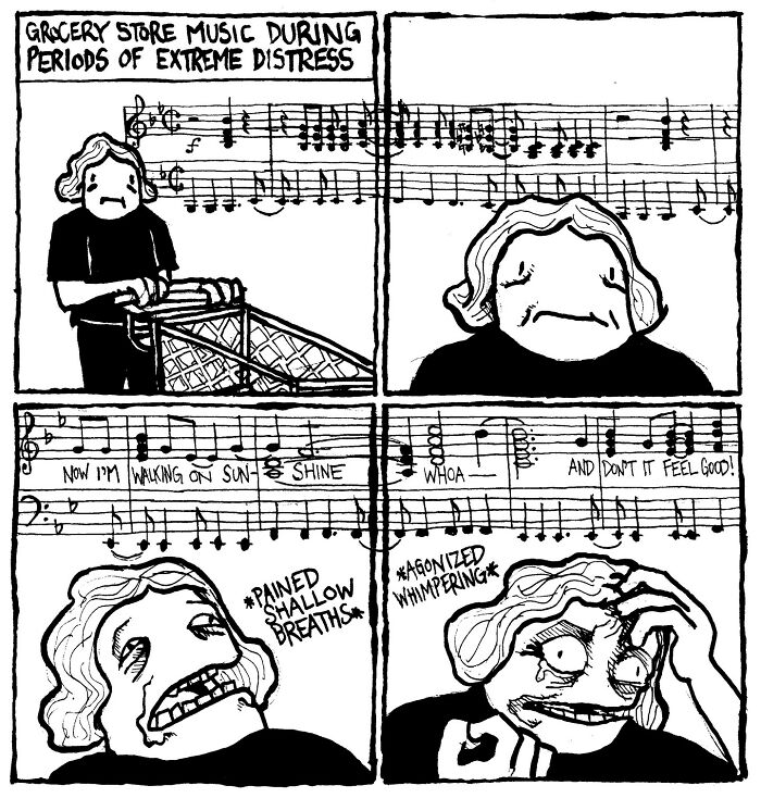 Comic by Alex Hood showing a distressed person in a grocery store, highlighting sharp humor and musical irony.