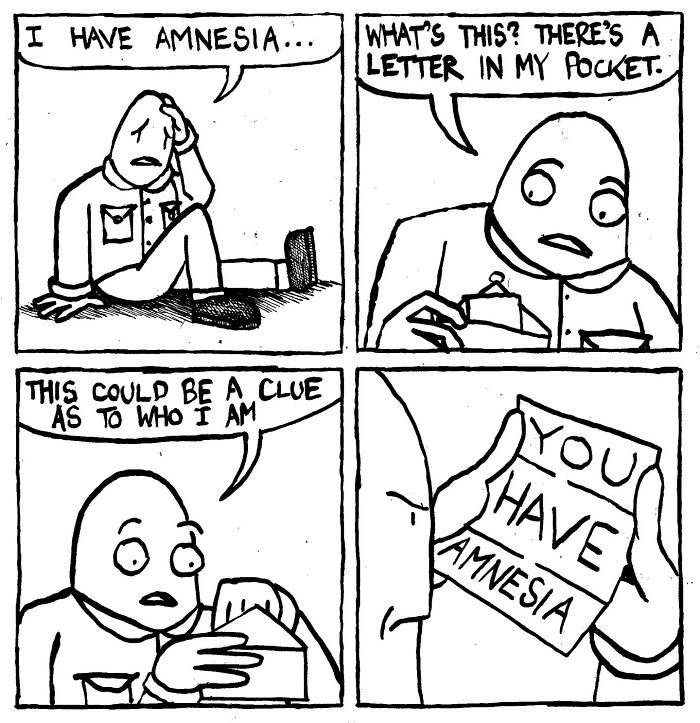 Comic about a person with amnesia finding a note in their pocket, featuring sharp humor by Alex Hood, Haus Of Decline.