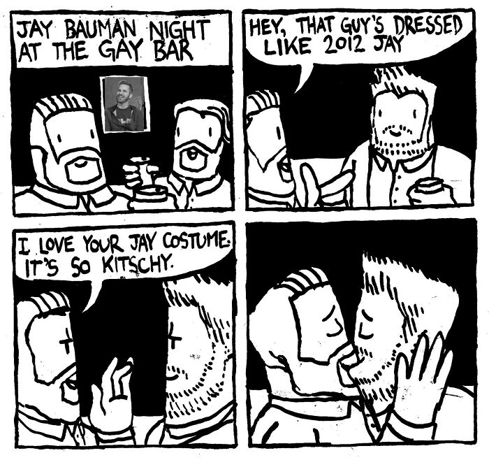 Comic by Alex Hood with two men at a bar discussing a costume with sharp humor.