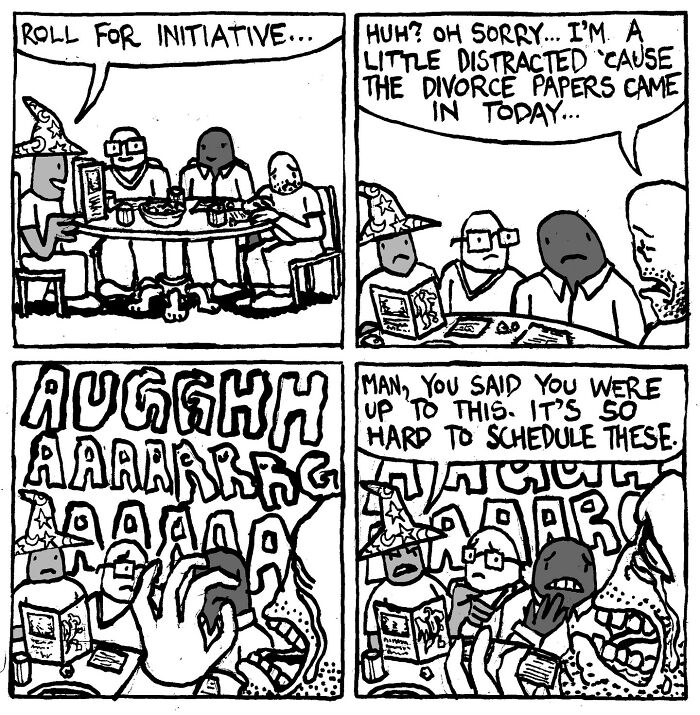 Comic by Alex Hood showing a humorous D&D game, players distracted by personal issues, frustration expressed in exaggerated style.