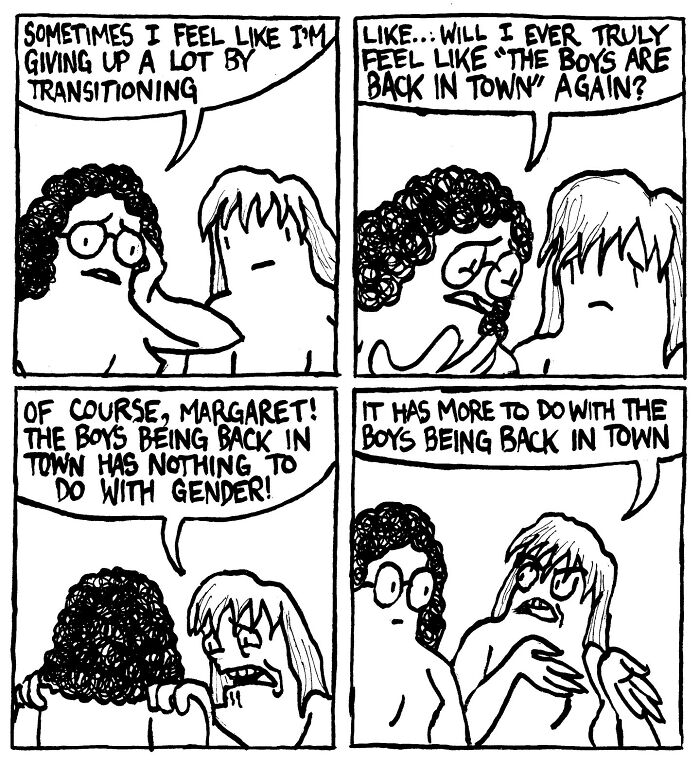 Comic by Alex Hood featuring characters discussing transitioning and "The Boys Are Back in Town" with humor.