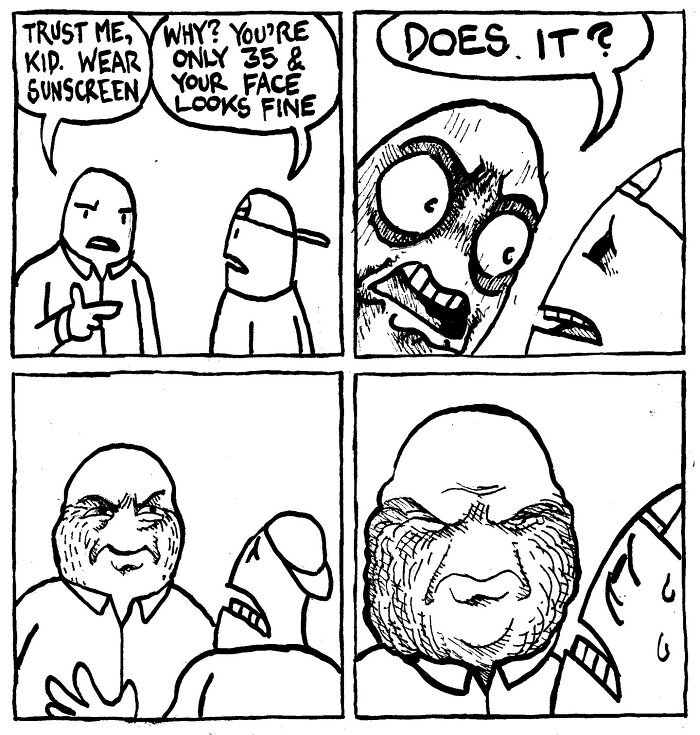Comic by Alex Hood showing a conversation about wearing sunscreen with humorous aging effect.