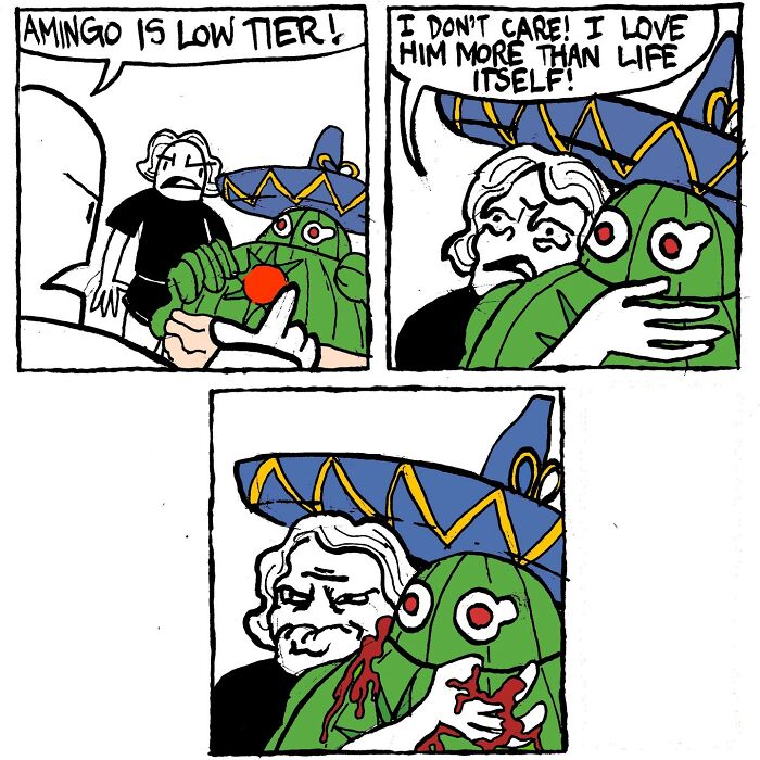 Comic by Alex Hood featuring humorous scene with character hugging a cactus-like figure wearing a sombrero.