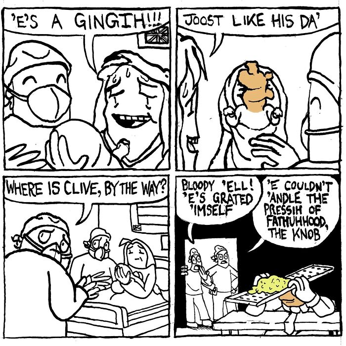 Comic by Alex Hood showcasing sharp humor with a baby resembling ginger root, discussing fatherhood pressure.