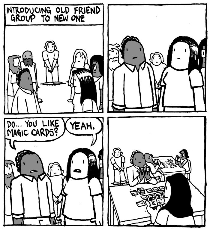 Comic strip by Alex Hood depicting a group introduction and playing Magic cards, featuring sharp humor.