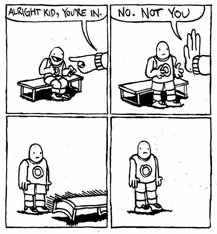 Comic strip with a character misunderstood, showcasing sharp humor by Alex Hood from Haus Of Decline.