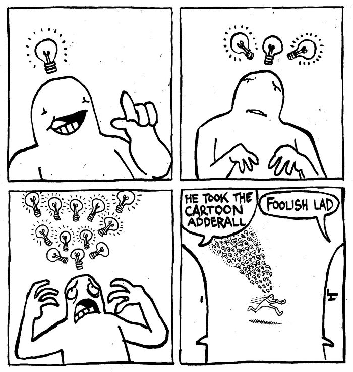 Cartoon character with lightbulbs over head, humorously overwhelmed by ideas.