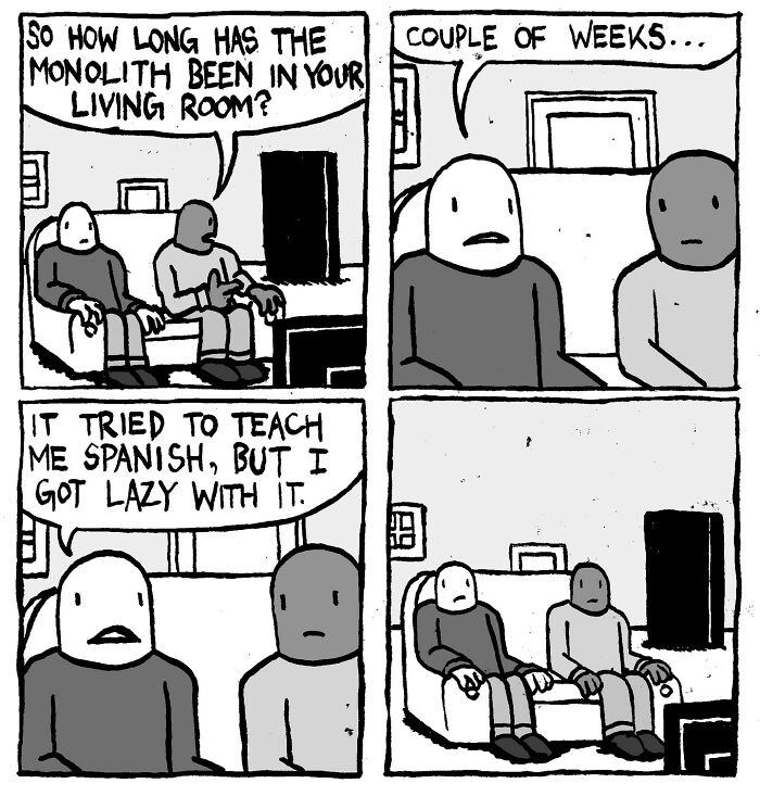 Two characters on a couch discussing a monolith in their living room in a comic by Alex Hood from Haus Of Decline.