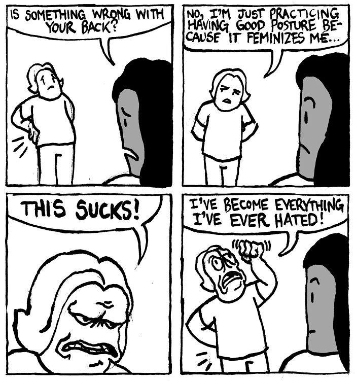 Comic strip by Alex Hood featuring sharp humor about posture and self-perception.