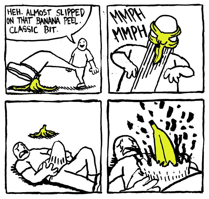 Comic strip by Alex Hood featuring a humorous banana peel gag ending in unexpected consequences.