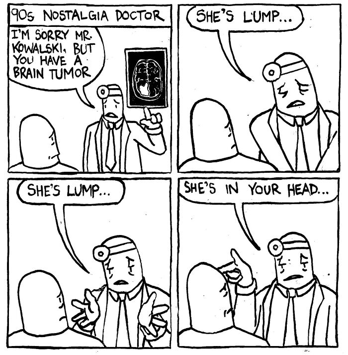 Comic by Alex Hood featuring a 90s doctor humorously diagnosing a patient with a brain tumor.