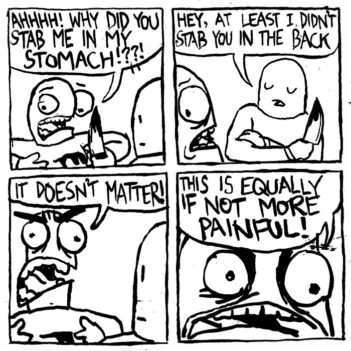 Comic panel by Alex Hood shows a humorous dialogue about getting stabbed in the stomach versus the back.
