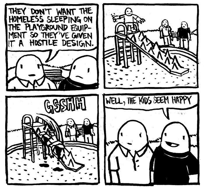 Comic by Alex Hood showing playground equipment designed to prevent homeless sleeping, highlighting sharp humor.