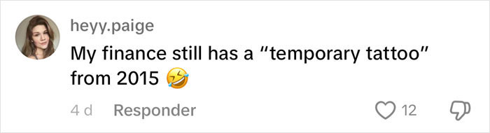 Text message about a "temporary tattoo" lasting since 2015 with a laughing emoji. Text message about a "temporary tattoo" lasting since 2015 with a laughing emoji.