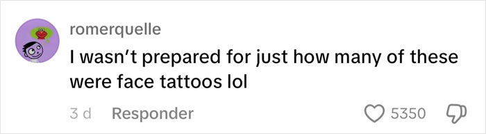 Comment about surprising number of temporary face tattoos with 5350 likes. Comment about surprising number of temporary face tattoos with 5350 likes.