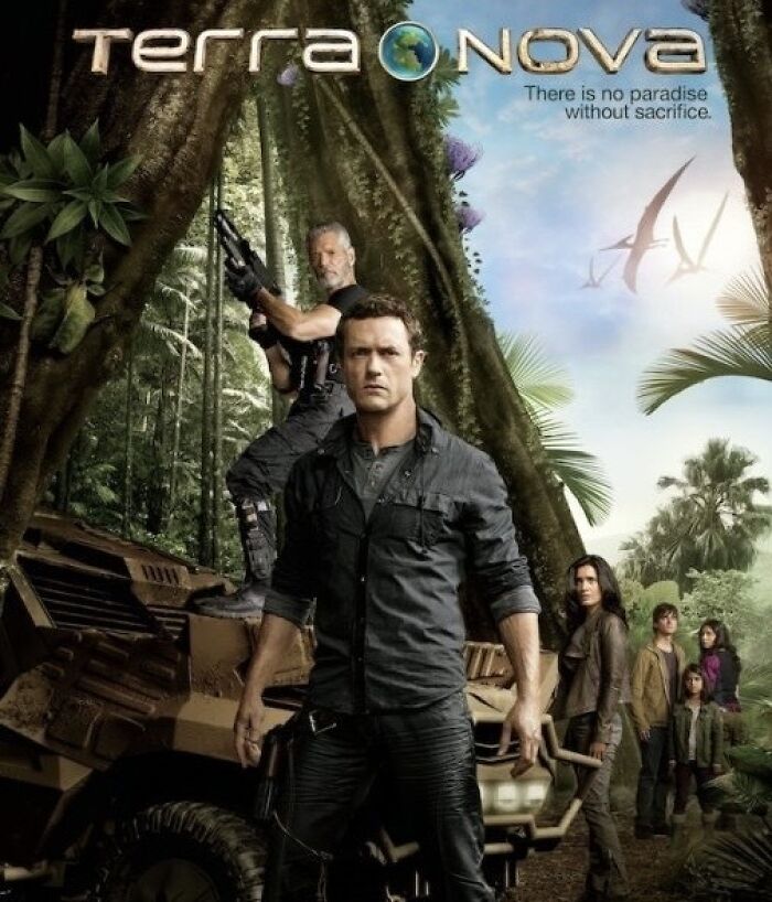 "Terra Nova poster featuring main characters in a jungle setting, related to canceled TV shows and possible reboot."