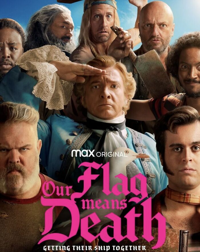 A group of diverse characters from a pirate-themed TV show, linked to canceled TV shows reboot or continuation discussionsin Our Flag Means Death.