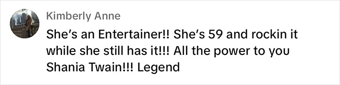 Comment praising Shania Twain for her bold performance outfit and energy at 59.