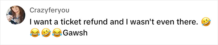 A humorous comment about a ticket refund request related to Shania Twain's bold rhinestone look on stage.