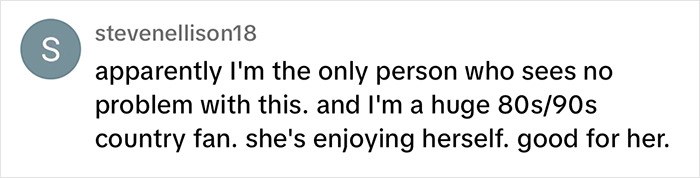 Comment by stevenellison18 supporting Shania Twain's bold stage outfit choice, praising her confidence.