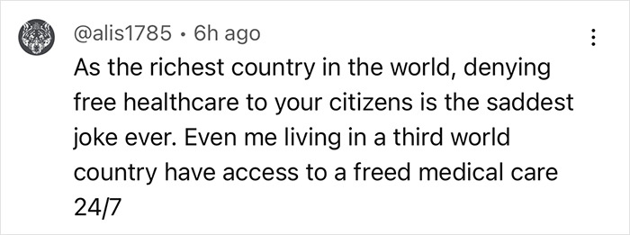 Social media post about healthcare access, discussing free medical care availability in third world countries.