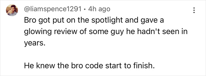Comment discussing a glowing review and the bro code in light of Luigi Mangione's compassionate nature.