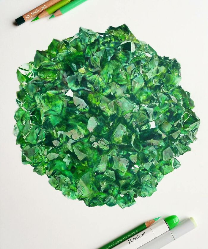 Hyper-realistic pencil drawing of vibrant green crystals, showcasing artistic precision and detail.