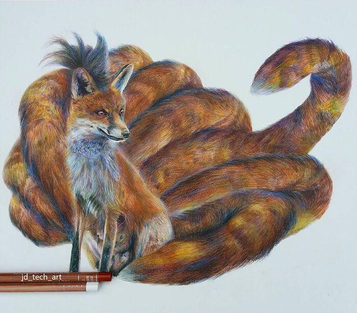 Hyper-realistic pencil drawing of a fantastical fox with multiple tails, showcasing intricate details and vivid colors.