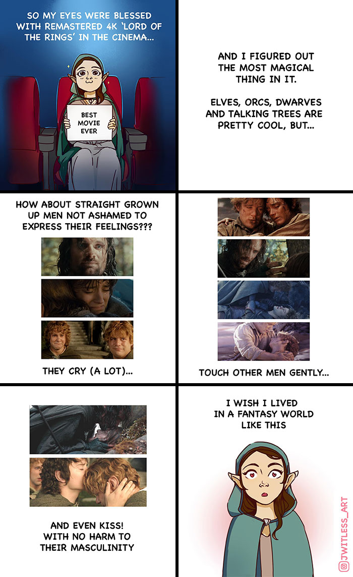 Comic illustrating life’s realities with humor; a character admires emotional male bonding in a fantasy setting.