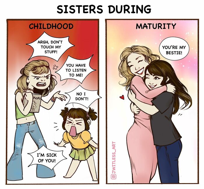 Humorous comic illustrating sisters' relationship from childhood to maturity.