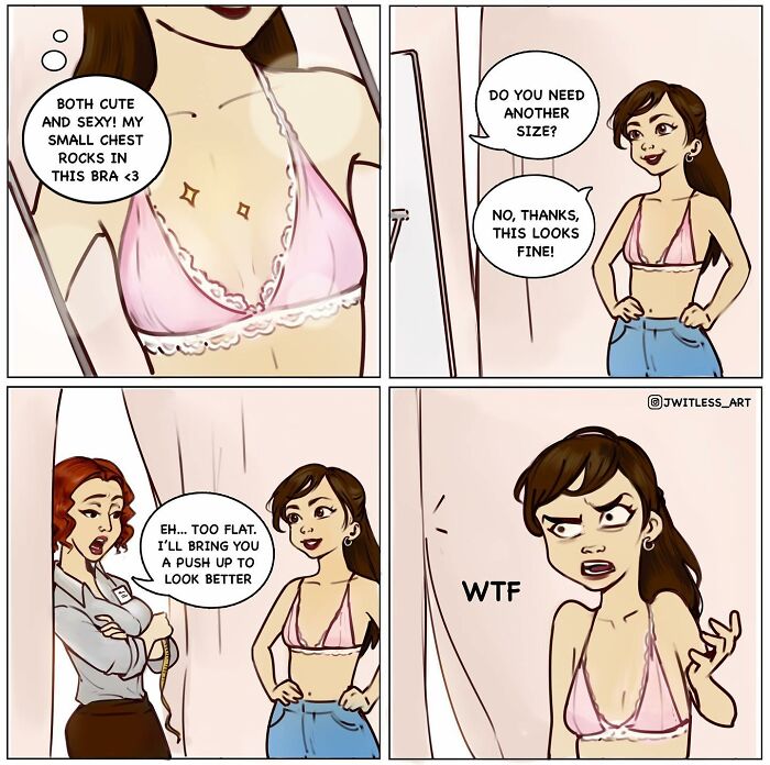Comic illustration humorously depicting a woman trying on a bra, highlighting relatable life realities.