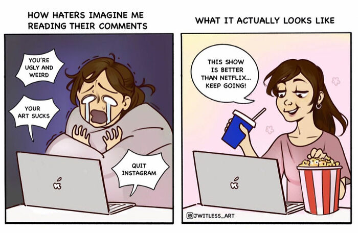 Comic illustrating life’s realities with humor; woman reading comments, contrasting imagined negativity with relaxed enjoyment.