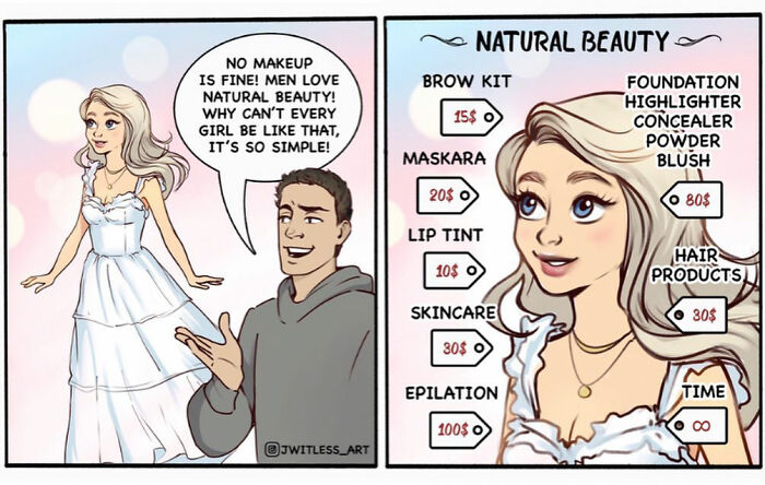Comic illustrating life’s realities with humor, showing the cost of achieving a "natural beauty" look.