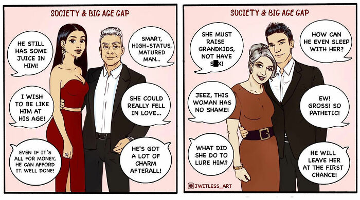Comic illustration highlighting age gap relationships with humor and societal judgments.
