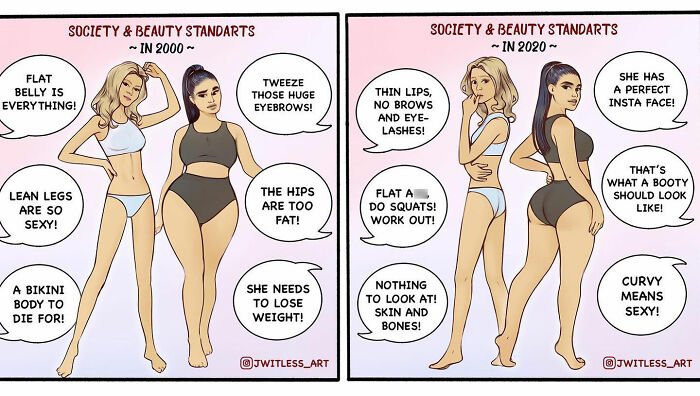 Comic illustrating beauty standards from 2000 and 2020, highlighting society's changing views with humor and relatable depictions.