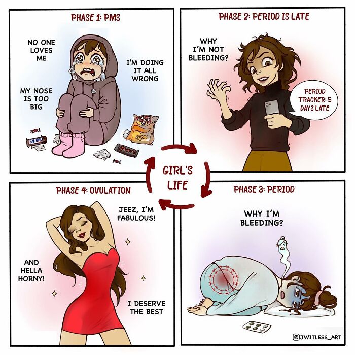 Comic illustration humorously depicting different phases of a girl's life, including PMS and ovulation.