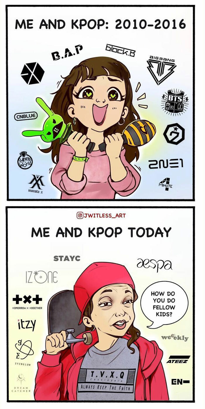 Artist humorously illustrates relatable K-pop fan evolution through two panels, featuring enthusiastic girl and older version with skateboard.
