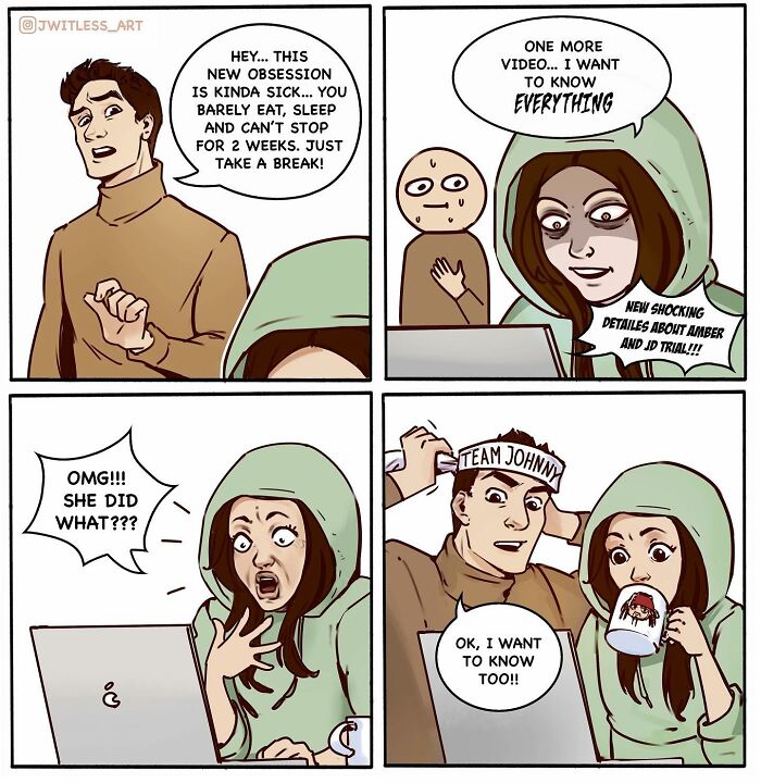 Comic illustration humorously depicting life’s realities through an internet obsession.